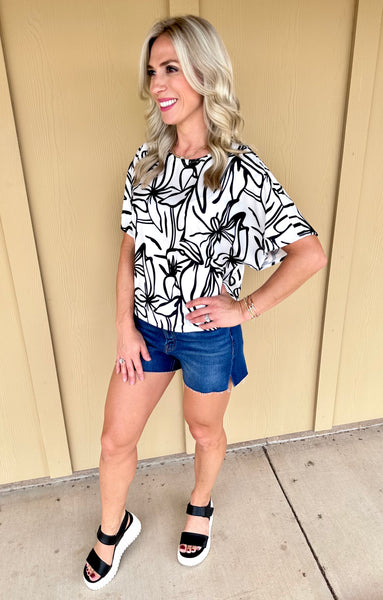 White and Black Floral Top