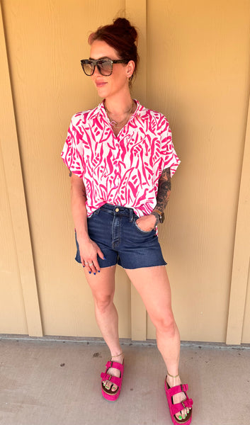 Pink and White Button-Up Blouse