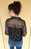 Black Sparkle Flower Sheer Blouse