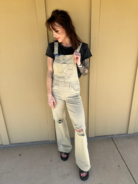 Khaki Distressed Over-Alls