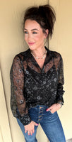 Black Sparkle Flower Sheer Blouse