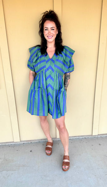 Blue/Green Striped Pocket Dress