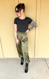 Olive Satin Cargo Joggers