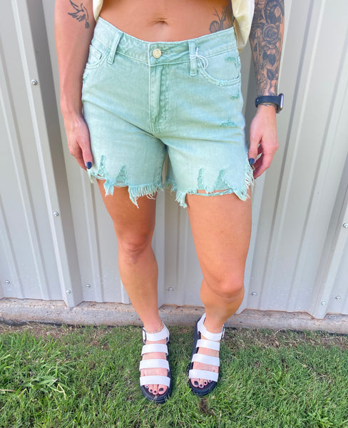 Green Denim Midi Shorts