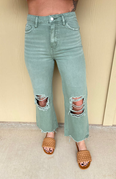 Green Distressed Denim Jeans